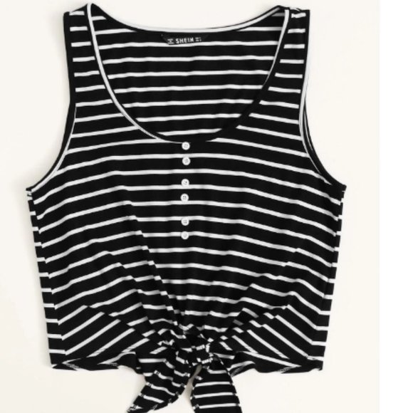 Button Detail Tie Hem Striped Tank Top - Picture 4 of 5